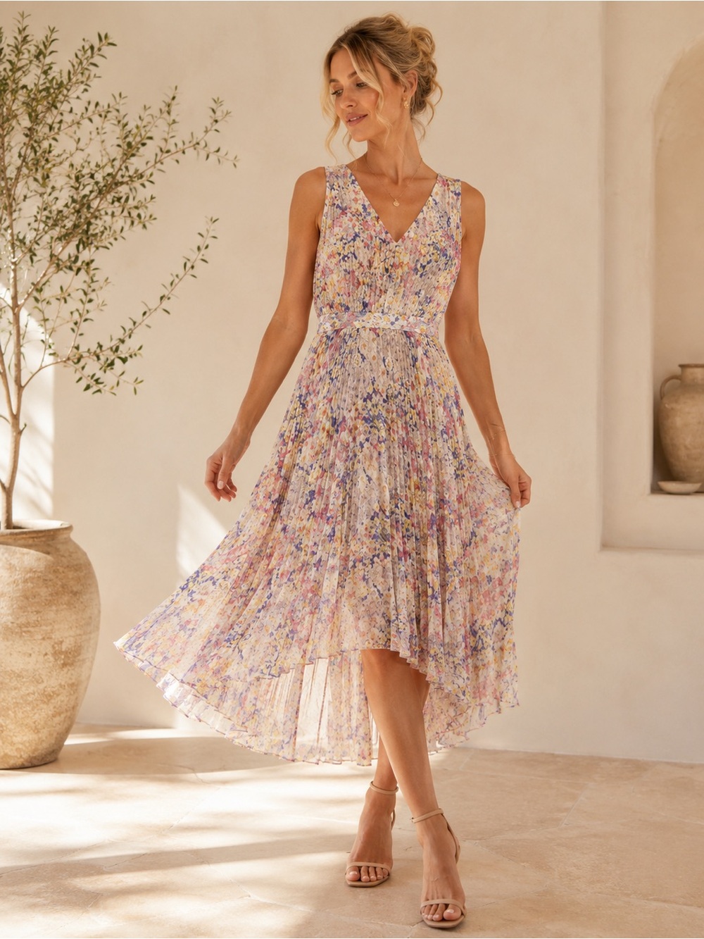 Plenty by Tracy Reese Pleated Floral Midi Dress Size 2 Watercolor Print Romantic